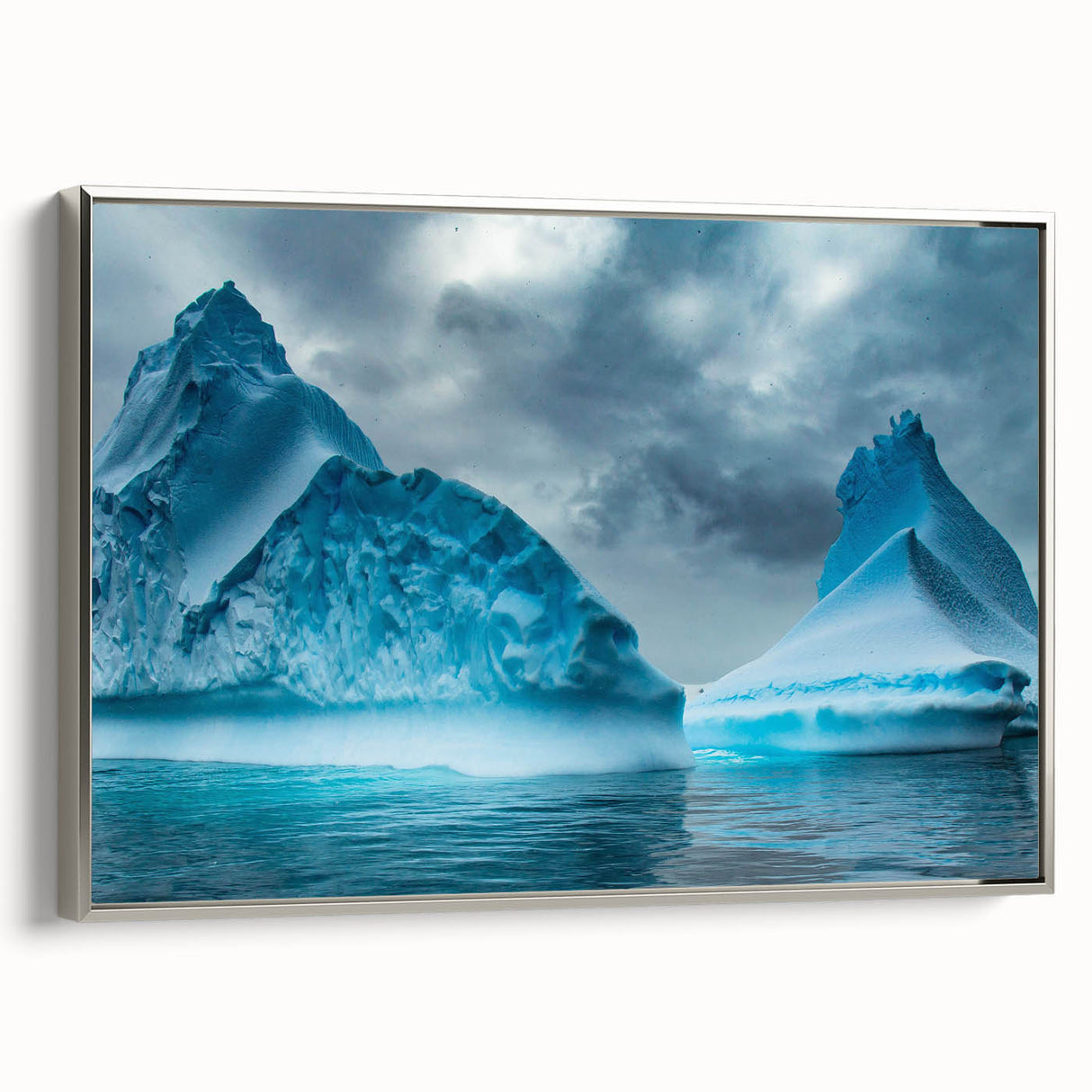Framed canvas wall art showcasing a stunning glacier landscape design with silver accents, perfect for enhancing modern home decor. This side view highlights the intricate details and vibrant colors of the artwork, making it a captivating focal point for any room.