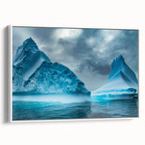 Framed canvas wall art showcasing a stunning glacier landscape design in vibrant blue and white tones, elegantly displayed with a white frame, enhancing modern decor.