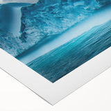 Vibrant rolled canvas artwork showcasing a stunning glacier landscape design, featuring icy blues and whites, perfect for contemporary home decor.