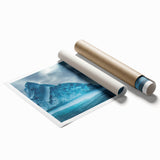 Stunning rolled print of a glacier landscape wall art design, showcasing vibrant blues and whites, ideal for home decor and nature enthusiasts, packaged securely.