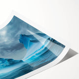 Stunning rolled print showcasing a vibrant glacier landscape with intricate details and cool blue tones, elegantly packaged for art enthusiasts. Perfect for modern home decor.