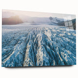 Acrylic glass wall art piece showcasing a stunning glacier landscape design, viewed from the side, highlighting vibrant colors and intricate details, perfect for modern home decor.