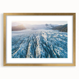 Framed wall art showcasing a stunning glacier landscape design with a gold mat, ideal for enhancing modern home decor and creating a serene atmosphere.