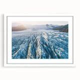 Framed wall art featuring a stunning glacier landscape design in a white mat, perfect for home decor or office settings. Ideal for nature enthusiasts and modern interiors.