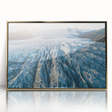 Framed acrylic wall art featuring a stunning glacier landscape design with gold accents, showcasing vibrant blues and whites, ideal for modern home decor.