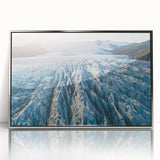 Framed acrylic wall art showcasing a stunning glacier landscape design, featuring a silver frame and a modern aesthetic, ideal for home decor enhancement.