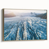 Framed wall art showcasing a stunning glacier landscape design with a gold border, perfect for enhancing modern home decor. Ideal for nature enthusiasts.