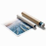 Vibrant rolled print of stunning glacier landscape design, showcasing icy blues and whites, perfect for enhancing modern home decor. Packaged securely in a protective tube.