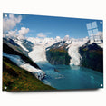 Acrylic glass wall art showcasing a stunning glacier landscape design, featuring vibrant blue and white colors, displayed from a side view with visible mounting pins.