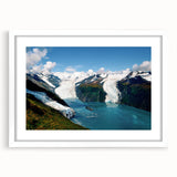 Framed wall art showcasing a stunning glacier landscape design in a white mat, perfect for home decor. Ideal for nature lovers and modern interiors.