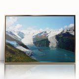 Framed acrylic wall art featuring a stunning glacier landscape design with gold accents, elegantly displayed for modern home decor. Ideal for nature lovers.