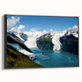 Framed canvas wall art showcasing a stunning glacier landscape design, featuring a black frame and side view that highlights its modern aesthetic, perfect for home decor.