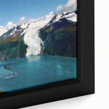 Close-up of a framed canvas depicting a stunning glacier landscape design, showcasing vibrant blue and white hues, ideal for enhancing modern home decor.