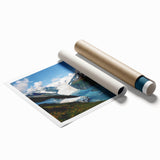 Glacier landscape wall art print showcasing vivid blues and whites, featuring a majestic ice formation under a clear sky, rolled for easy shipping and display.