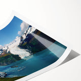 Stunning wall art print showcasing a vibrant glacier landscape design, featuring icy blues and whites, rolled for easy shipping and display. Perfect for nature lovers.