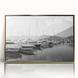 Framed acrylic wall art featuring a vibrant harbor landscape design with golden accents, perfect for enhancing home decor with a nautical theme.