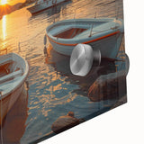 Close-up of a vibrant acrylic glass wall art piece showcasing a serene harbor landscape, featuring rich blues and greens, ideal for modern home decor.