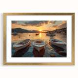 Golden-framed wall art collection showcasing a serene harbor landscape with vibrant colors and intricate details, perfect for enhancing home decor.