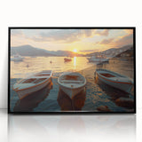 Framed wall art featuring a serene harbor landscape design with vibrant colors and sleek black border, perfect for modern home decor. Ideal for creating a tranquil atmosphere.