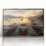 Framed acrylic wall art showcasing a vibrant harbor landscape with gold accents, perfect for enhancing any living space. Ideal for art lovers seeking coastal-themed decor.