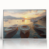 Framed acrylic wall art showcasing a serene harbor landscape design with vibrant colors, elegantly presented in a white frame, perfect for home decor enhancement.