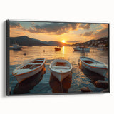 Framed canvas wall art showcasing a serene harbor landscape design with vibrant colors, displayed from a side view against a neutral background, ideal for home decor.