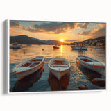 Framed canvas wall art showcasing a serene harbor landscape design, featuring soft blue tones and white accents, perfect for enhancing modern home decor.