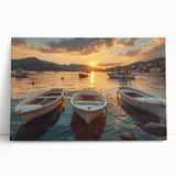Stretched canvas wall art showcasing a serene harbor landscape with vibrant blues and greens, designed to enhance home décor and evoke tranquility.