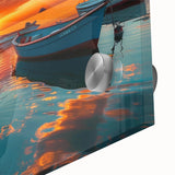 Close-up of a vibrant acrylic glass wall art piece showcasing a serene harbor landscape design, highlighting calming blue tones and intricate details ideal for home decor.