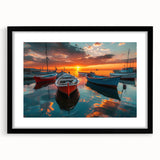 Framed black mat artwork showcasing a serene harbor landscape, ideal for modern home decor. Features a sleek black frame for an elegant touch.