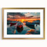 Elegant wall art collection showcasing a framed landscape harbor design with a gold mat. Ideal for enhancing modern interiors, adding sophistication and warmth.