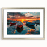 Silver-framed wall art piece showcasing a serene harbor landscape design, complete with a mat for added elegance, perfect for enhancing home decor. The artwork features calming colors that evoke tranquility, ideal for living rooms or offices.