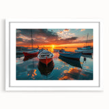 Framed wall art featuring a serene harbor landscape design in muted colors, showcasing a white mat and sleek frame, ideal for enhancing home decor.