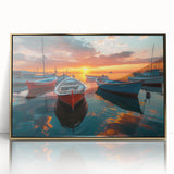 Framed acrylic wall art featuring a stunning harbor landscape design with gold accents, set against a contemporary backdrop, perfect for enhancing modern decor.