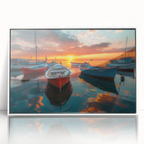 Framed acrylic wall art depicting a serene harbor landscape in soft blues and greens, featuring a white frame that enhances the coastal theme, perfect for home decor.