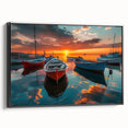 Framed canvas wall art depicting a serene harbor landscape, featuring vibrant blues and greens, displayed in a sleek black frame, perfect for modern decor.