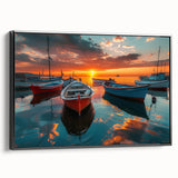 Framed canvas wall art depicting a serene harbor landscape, featuring vibrant blues and greens, displayed in a sleek black frame, perfect for modern decor.