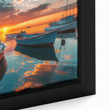 Framed canvas wall art showcasing a serene harbor landscape, featuring vibrant blues and greens, ideal for modern home decor. The close-up highlights intricate details and textures, enhancing visual appeal. Perfect for art enthusiasts seeking a calming atmosphere in living spaces.