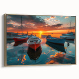 Framed canvas wall art showcasing a serene harbor landscape design, featuring rich gold accents and a side view perspective, perfect for home decor.