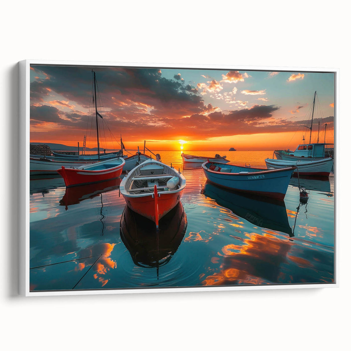 Framed canvas wall art showcasing a serene harbor landscape, featuring soft blues and greens, designed to enhance any living space with its tranquil vibe.