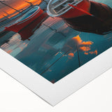 Rolled canvas print showcasing a serene harbor landscape design in soft blue and green tones, elegantly packaged in a protective cardboard tube for easy display.