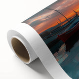 Rolled canvas wall art showcasing a serene harbor landscape design with vibrant blues and greens, ideal for enhancing home decor. Packaged securely for delivery.