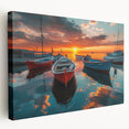 Stretched canvas wall art showcasing a serene harbor landscape with vibrant colors and intricate details, perfect for enhancing home decor with a coastal theme.