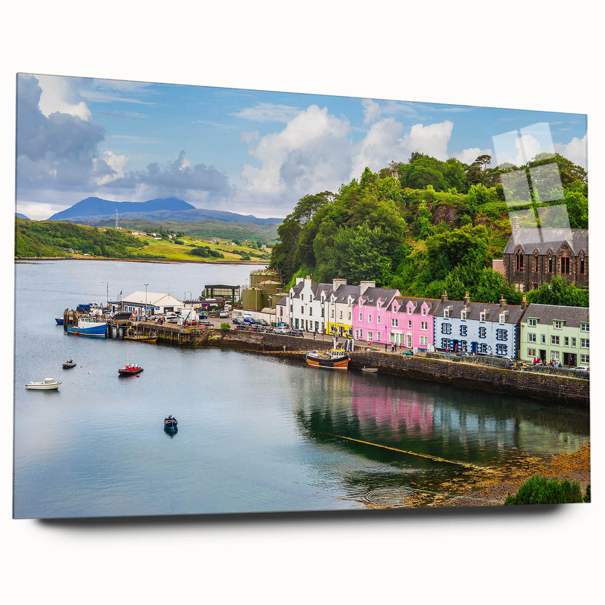 Acrylic glass wall art collection showcasing a stunning harbor landscape design. The piece is displayed in a sleek side view, emphasizing its vibrant colors and detailed imagery, perfect for enhancing any modern home decor.