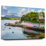 Acrylic glass wall art collection showcasing a stunning harbor landscape design. The piece is displayed in a sleek side view, emphasizing its vibrant colors and detailed imagery, perfect for enhancing any modern home decor.