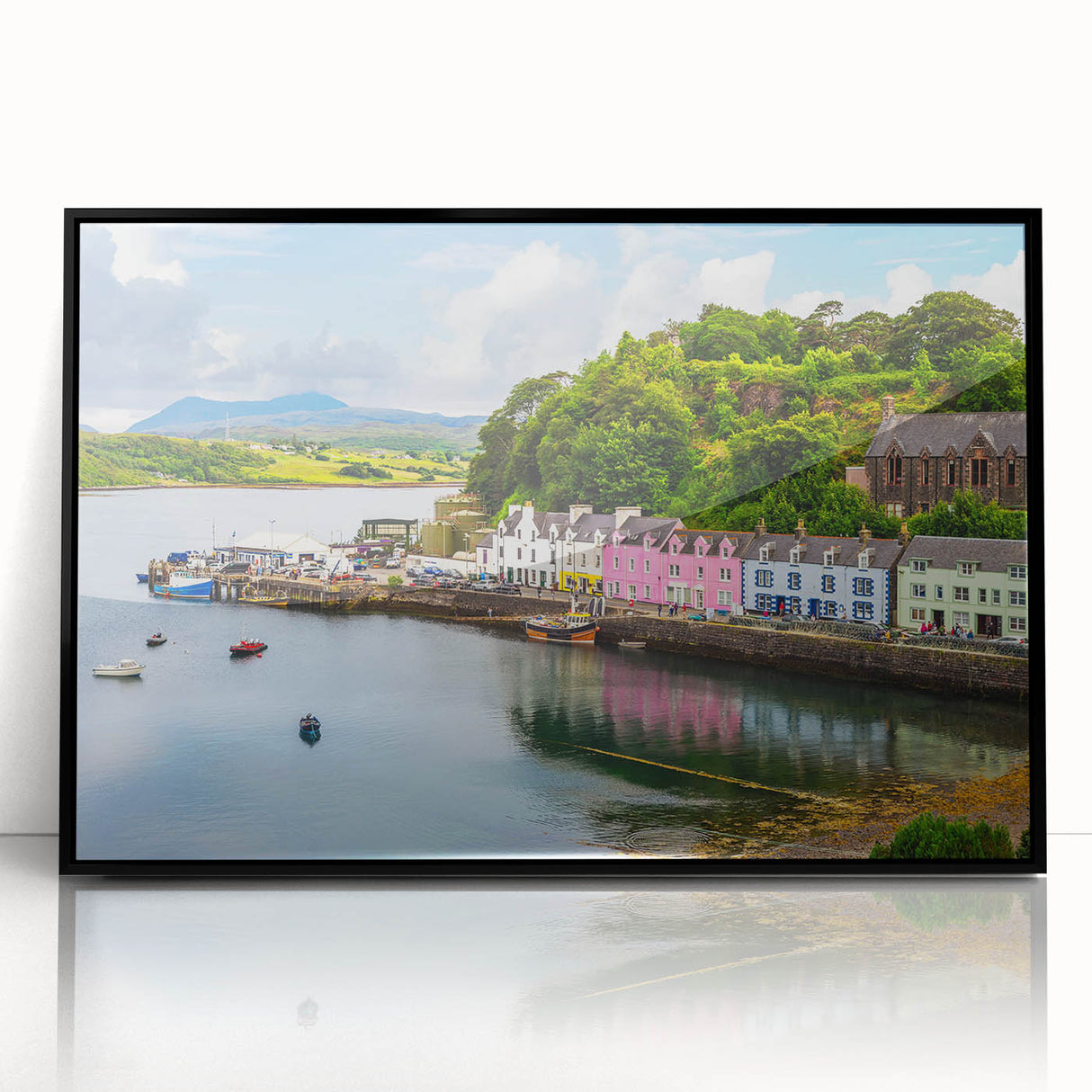 Framed wall art featuring a serene harbor landscape design, set in a sleek black frame, showcasing vibrant colors and intricate details, perfect for modern home decor.