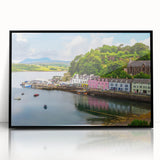 Framed wall art featuring a serene harbor landscape design, set in a sleek black frame, showcasing vibrant colors and intricate details, perfect for modern home decor.