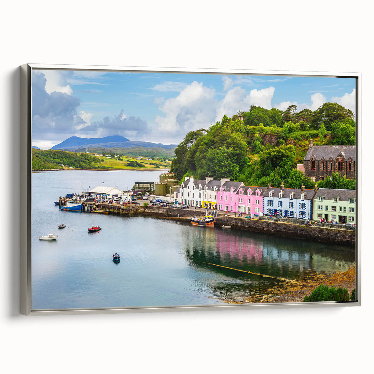 Framed wall art collection showcasing a serene harbor landscape design with silver accents, ideal for modern home decor, adding elegance to any room.