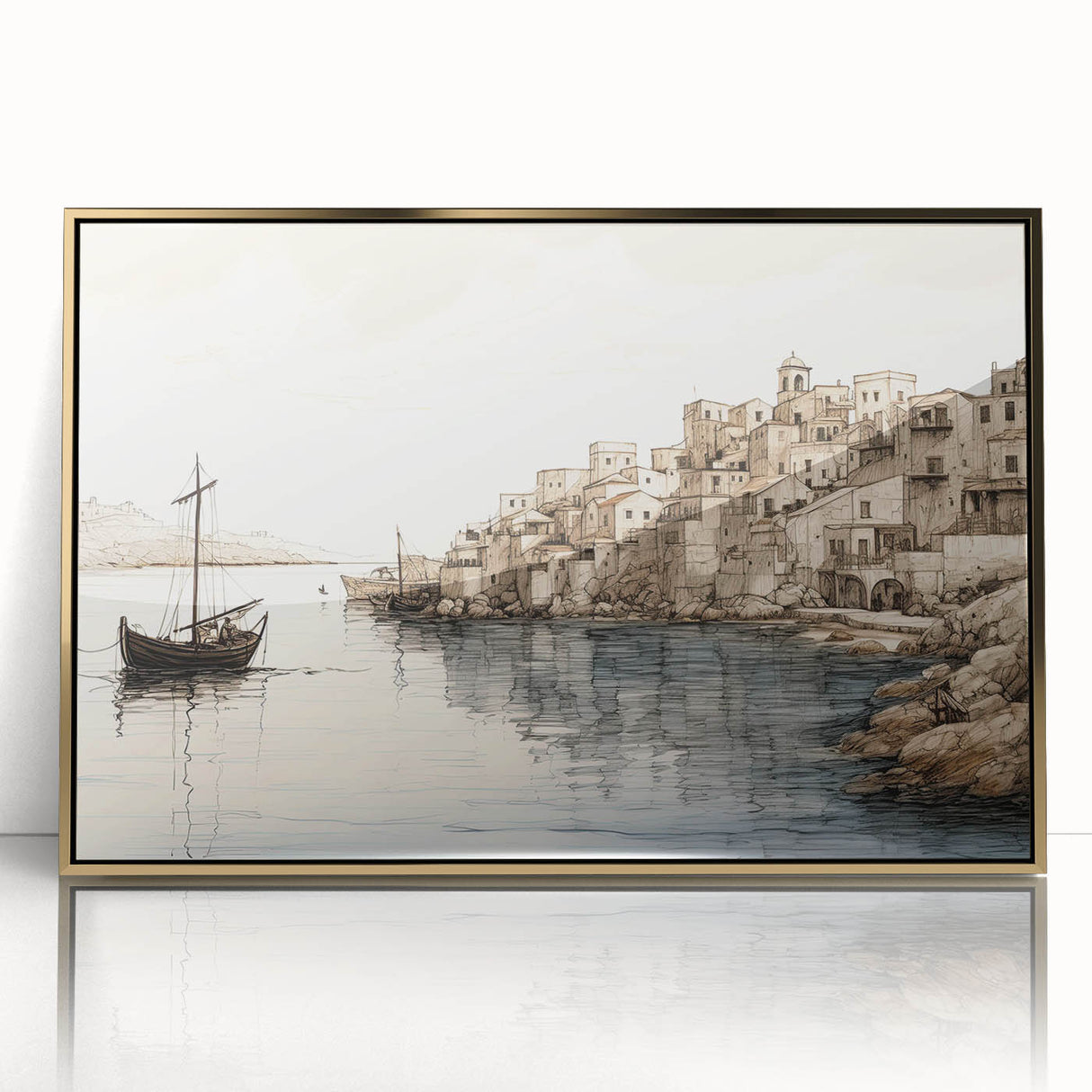 Framed acrylic wall art showcasing a stunning harbor landscape design with gold accents, perfect for enhancing modern home decor, set against a white background.