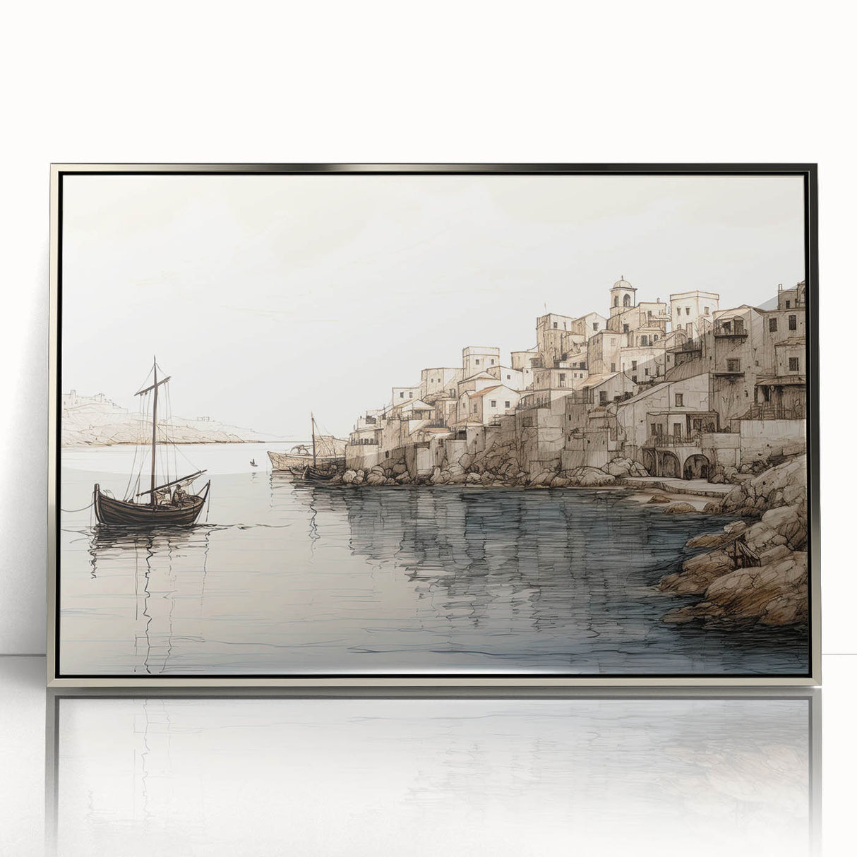 Framed acrylic wall art showcasing a serene harbor landscape design with silver accents, ideal for modern home decor. Perfect for adding elegance to any room.